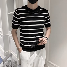 夏季新款男士短袖条纹翻领polo衫男潮流T恤修身帅气针织上衣S252，男装T恤，星座1116A-2（原606A-1）