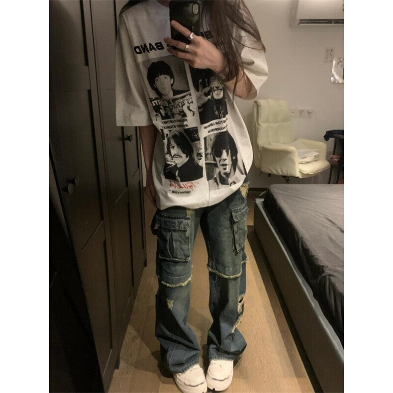 BK897HH-特P28 美式复古乐队人像印花短袖T恤男女图片