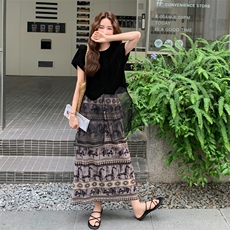 轻熟风韩系网纱短袖上衣套装女夏季新款休闲显瘦印花半身裙两件套，女装套装/套裙，2C170