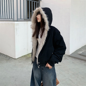 现货高品质美式高街冬季重磅硬挺短款座山雕毛领棉衣男女加厚外套图片