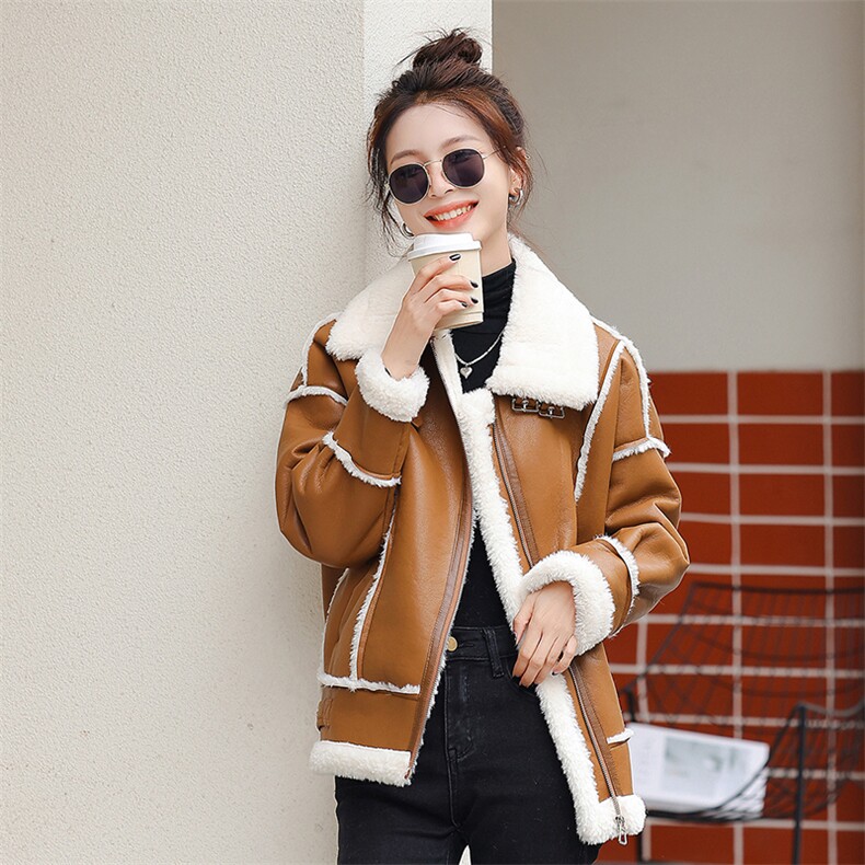 现货主推2024冬季新款山羊绒外套女加厚皮毛一体夹克宽松机车服,女装棉衣/棉服,霓裳依族