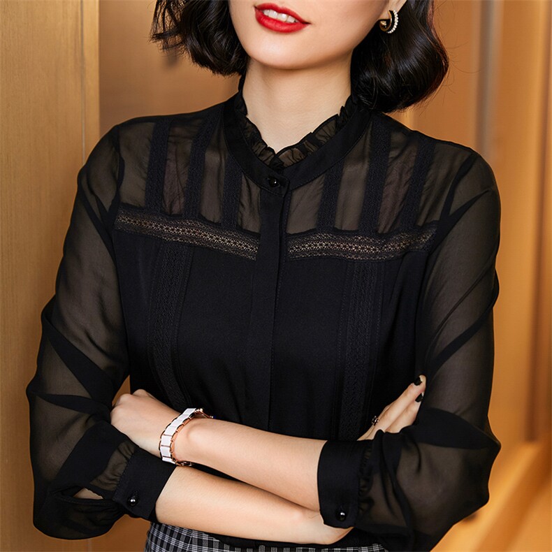 时尚优雅木耳边真丝衬衫女长袖显瘦气质百搭上衣,女装衬衫,宋氏羊绒