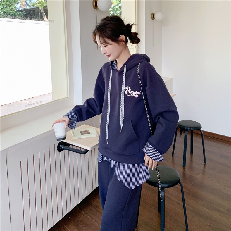 2026春季新款现货藏青色拼格子屁帘卫衣套装2C375-605-P185-k288,女装套装/套裙,2C375