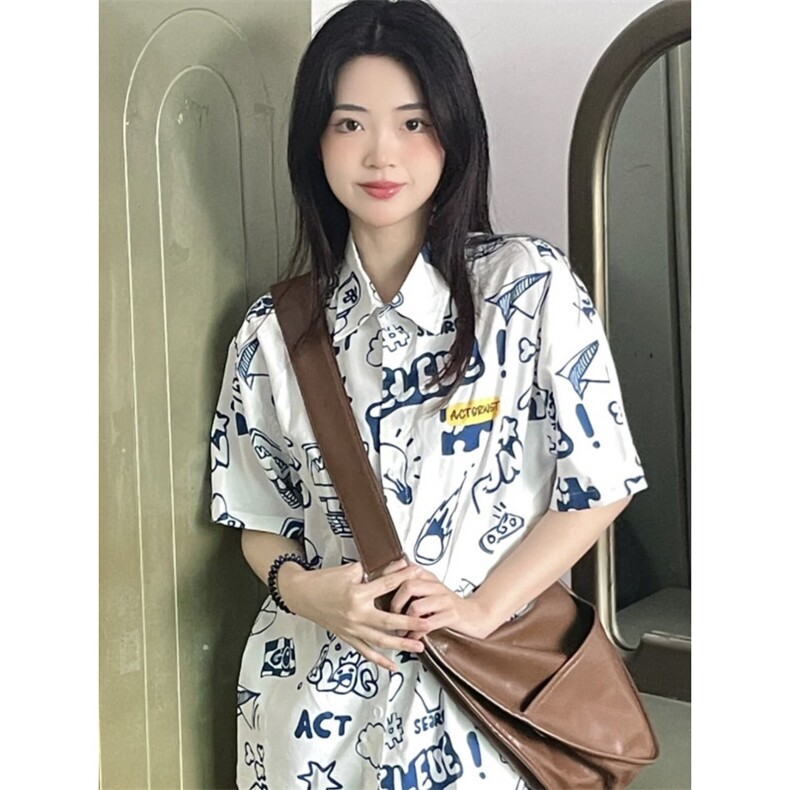 TC515-P45涂鸦短袖衬衫夏季新款甜美衬衣独特别致上衣,女装衬衫,星座617A-2