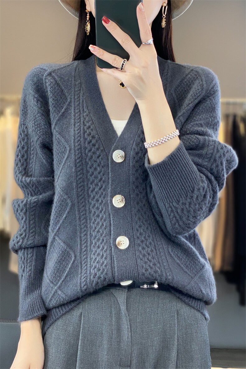 秋冬V领100%羊毛衫长袖提花开衫女复古宽松慵懒羊绒针织外套上衣,女装羊毛衫,忠诺羊绒