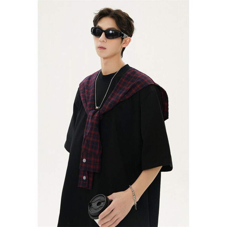 潮情侣美式假两件格子打结宽松纯棉短袖XZ225-3-T15-P45控65，男装T恤，星座225-3