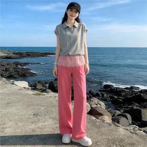 女夏季新款欧韩时尚休闲运动套装蕾丝拼接短袖高腰阔腿长裤两件套图片
