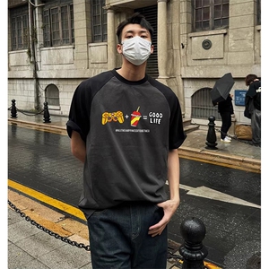 抖音得物高品质二开240克宽松纯棉美式潮牌插肩袖拼接短袖T恤图片