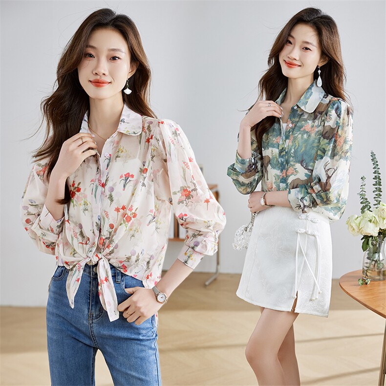 现货新款2024年夏装水墨画印花天丝衬衣防晒上衣,女装衬衫,采品优优