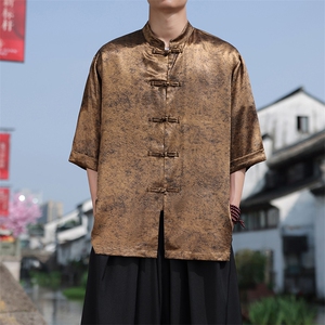 新中式大码七分袖衬衫2025夏季新款男立领大码盘扣上衣CS2461-P60图片