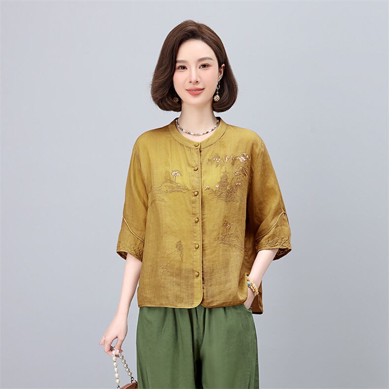 高端面料2025夏装新款气质休闲印花刺绣上衣,女装衬衫,凝聚力