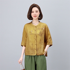 高端面料2025夏装新款气质休闲印花刺绣上衣，女装衬衫，凝聚力