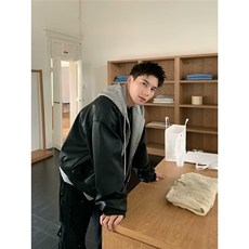 假两件连帽皮衣外套男潮高级感底特律夹克痞帅PY266-P97，男装夹克，星座208-5