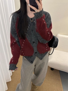 592羊驼长毛菱格开衫2025年冬季女针织外套图片
