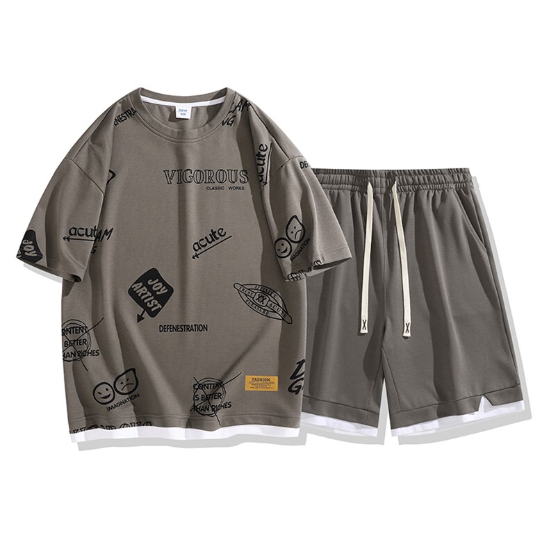 夏季运动套装日系白底休闲百搭时尚短套装CK2410+TC3156-P54控89,男装休闲套装,星座717