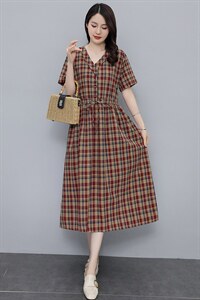 现货，2022年夏季新款女装时尚文艺休闲棉麻连衣裙格子图片