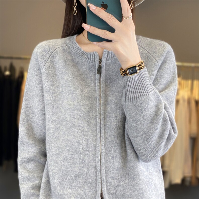 2025年秋季新款百搭女士拉链长袖羊毛开衫,女装羊毛衫,春贝羊绒