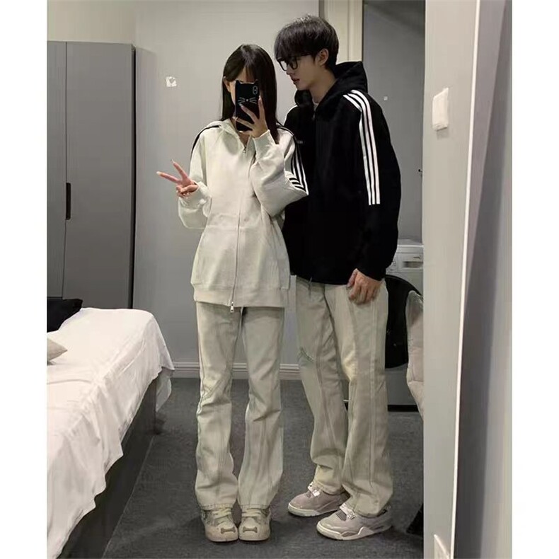 双拉链三条杠美式卫衣男秋季青少年酷帅重磅连帽衫高级感条纹外套,男装夹克,星座1210-1