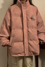 中性风PU皮复古做旧可拆卸四芒星胸针设计棉衣男MY77721P128控168，女装棉衣/棉服，星座227-7