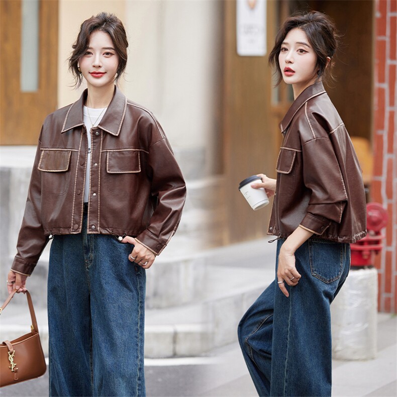 短款皮衣外套女2024秋季新款宽松休闲美式复古美拉德机车夹克上衣，女装皮衣，江南女神