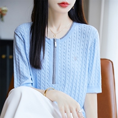 2025夏季新款精纺羊毛绞花半拉链短袖女，女装T恤，尚雪电商供货