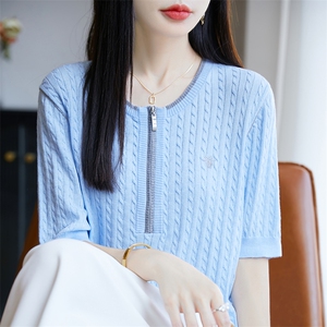 2025夏季新款精纺羊毛绞花半拉链短袖女图片