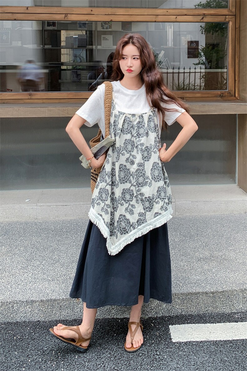 韩版复古刺绣松弛感连衣裙T恤两件套女2025年夏季新款高级感套装,女装连衣裙,2C258