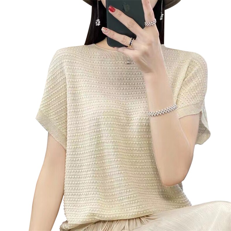 圆领蝙蝠袖套头针织T恤衫女宽松显瘦薄款体恤洋气百搭夏短袖毛衫,针织衫/毛衣,萱芳婷羊绒