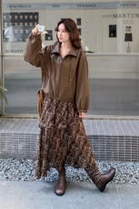 酷飒拽姐碎花吊带连衣裙两件套女2025秋季新款美拉德复古皮衣外套，女装套装/套裙，2C299