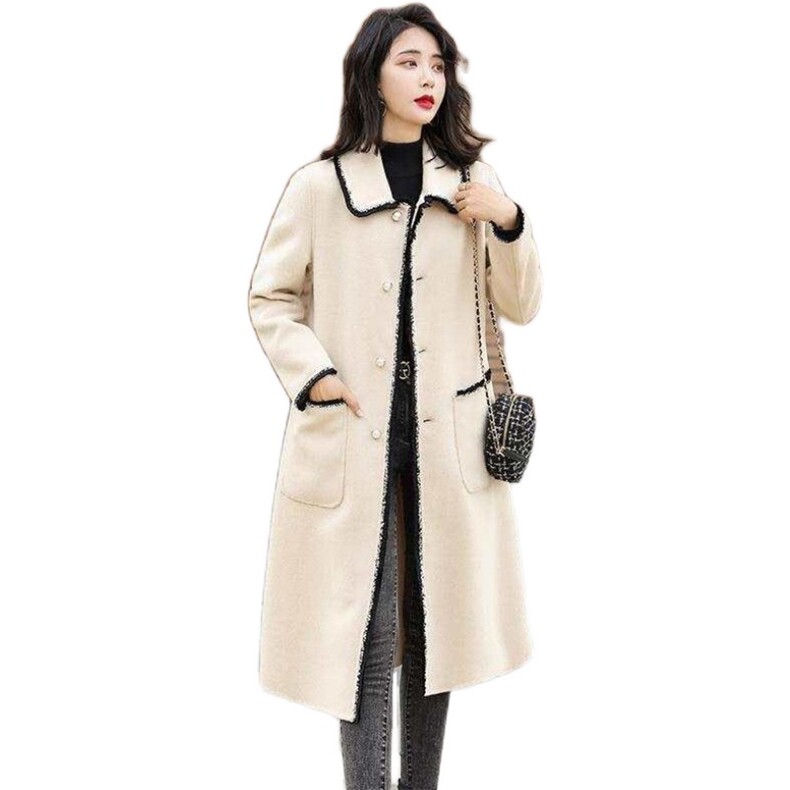 毛呢外套2020冬季新款时尚长袖翻领中长款纯色双面呢大衣外套女,女装毛呢外套,潮品会