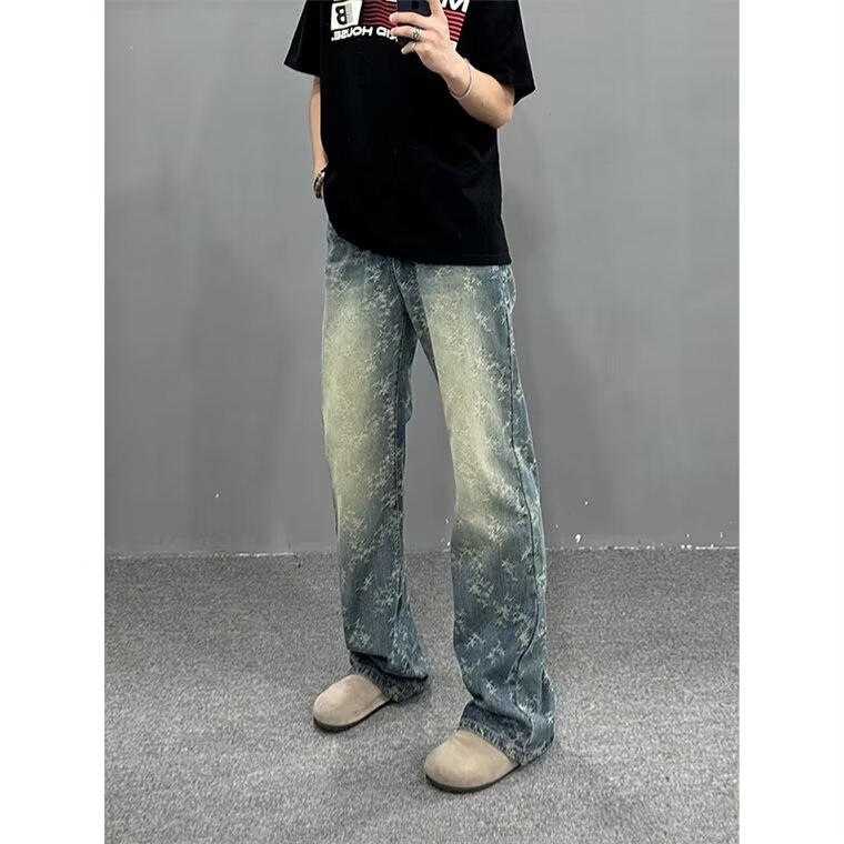 水洗做旧满印提花牛仔裤男款潮牌痞帅炸街裤子美式高街微喇直筒裤,男装牛仔裤,星座302B-2