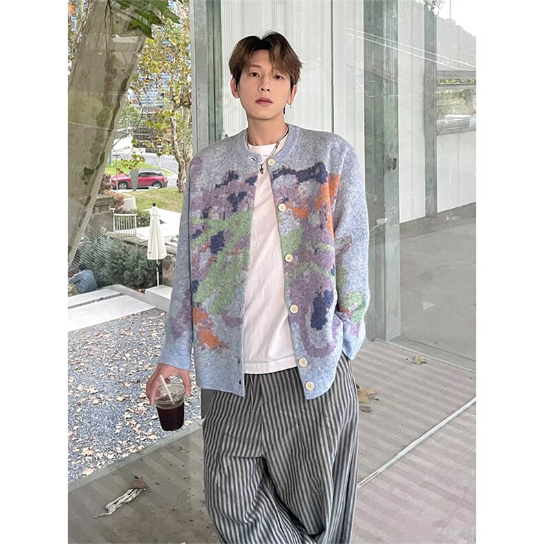 网图陈伟霆同款费尔岛涂鸦彩色针织开衫毛衣外套男女A1157-P100,男装针织衫/毛衣,星座1505
