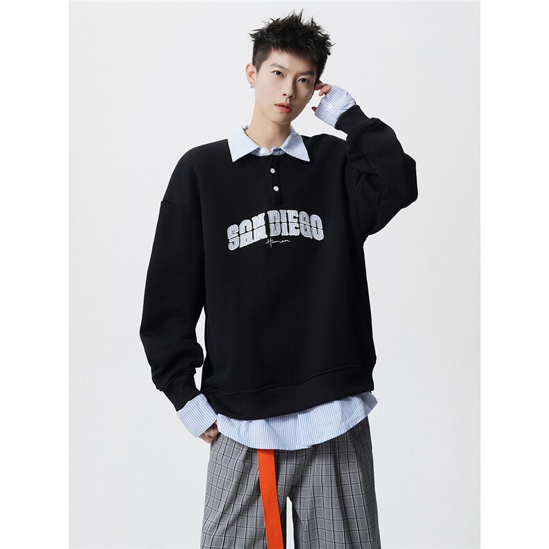 HW2545特P55控98面布54棉46聚酯假两件POLO情侣卫衣宽松外套男,男装Polo衫,电商B370