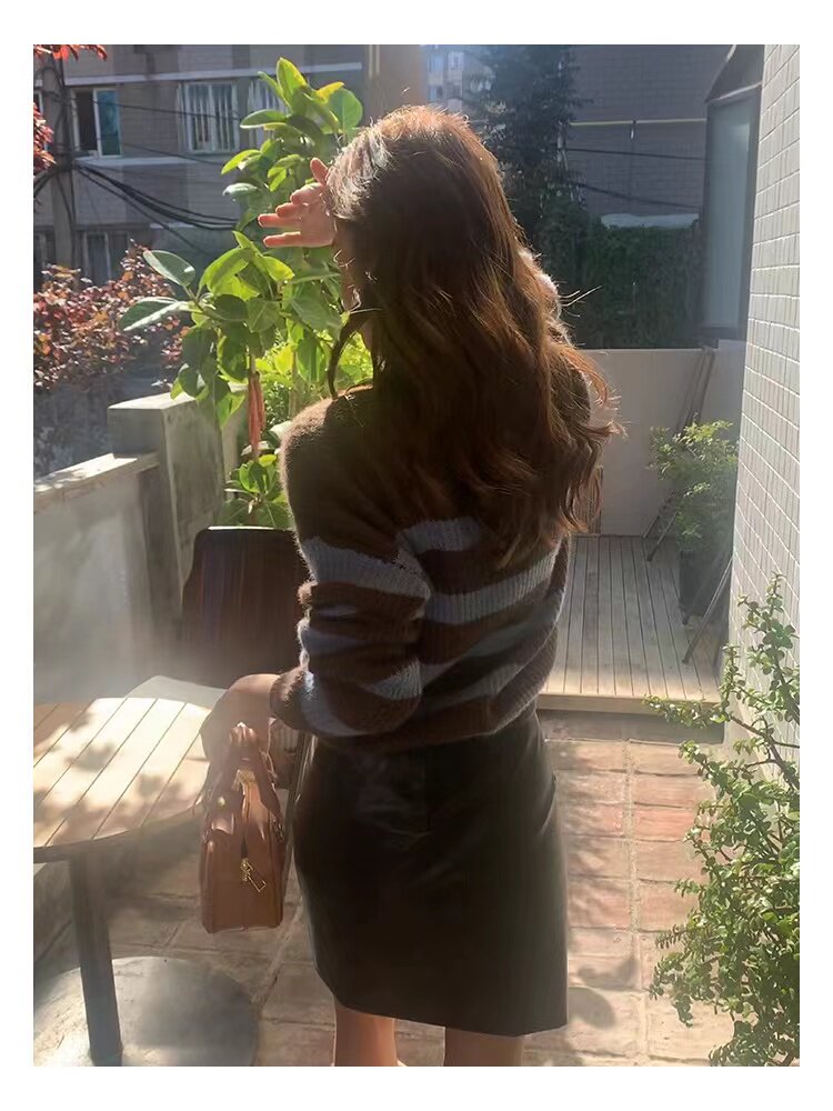 复古减龄女圆领毛衣慵懒风秋冬宽松撞色条纹针织衫,针织衫/毛衣,半城羊绒