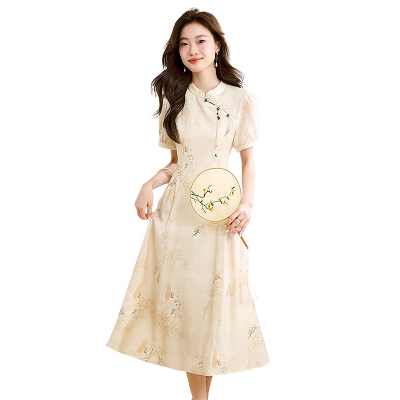 新中式风改良旗袍连衣裙女2025夏季新款收腰显瘦复古印花长裙子,女装连衣裙,微微衣阁