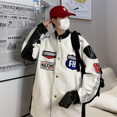 2023美式嘻哈字母PU皮拼接翻领外套男潮牌宽松情侣夹克衫，男装夹克，星座716-3