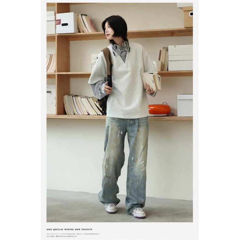 1506-1/CH2931/P49日系复古假两件格子长袖衬衫男秋季新款卫衣潮图片