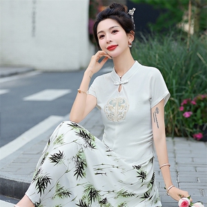 女童套装夏季2024新款女大童洋气新中式改良旗袍阔腿裤薄款两件套图片