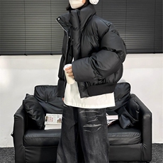 现货5W件冬季三防重磅硬挺boxy短款羽绒立领PU皮棉衣外套加厚棉服，男装棉衣，电商A486-1