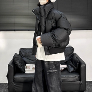 现货5W件冬季三防重磅硬挺boxy短款羽绒立领PU皮棉衣外套加厚棉服图片