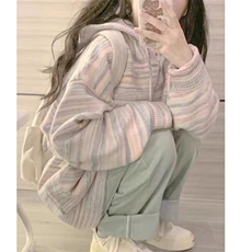 彩虹条纹2024新款女连帽针织开衫外套春秋宽松慵懒风秋冬毛衣，男装针织衫/毛衣，星座506A