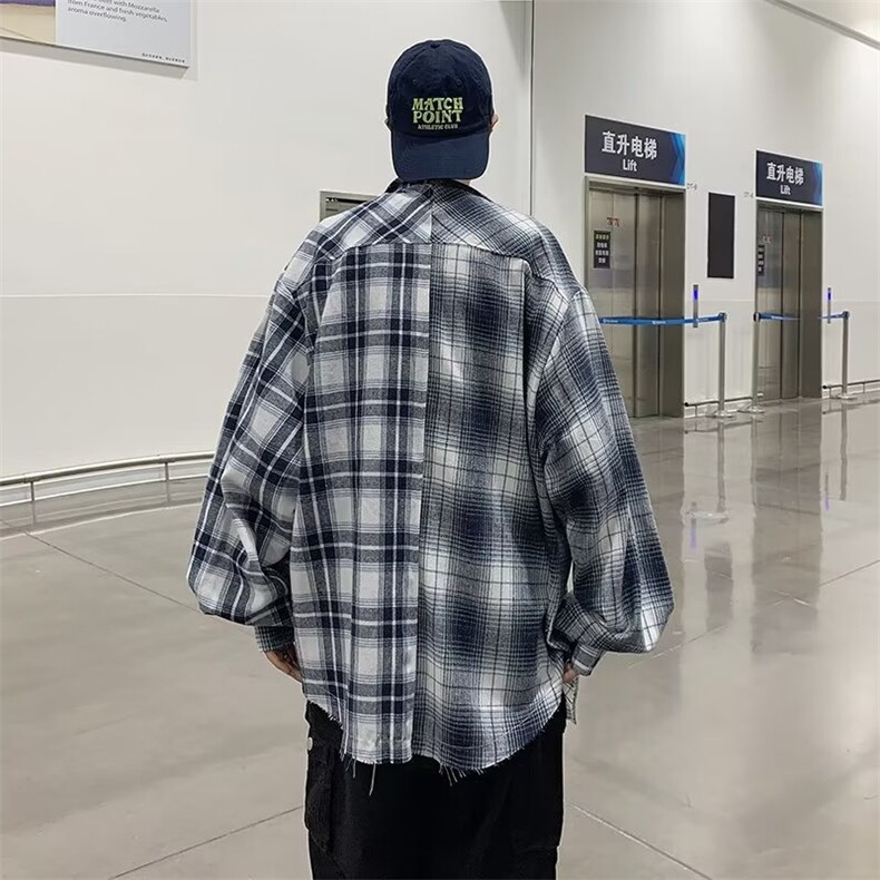 春夏季新款衬衫潮流慵懒男方领宽松型拼接格子衬衫TS39P38,男装衬衫,星座1116-2