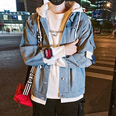 男式牛仔假两件破洞牛仔外套休闲个性潮流连帽夹克J，男装夹克，电商B226-2（原B217-2）