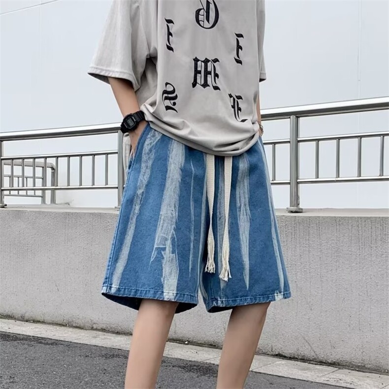 美式高街牛仔短裤男韩版潮流拼色2026夏季ins宽松五分裤RK687-P37,男装牛仔裤,星座412