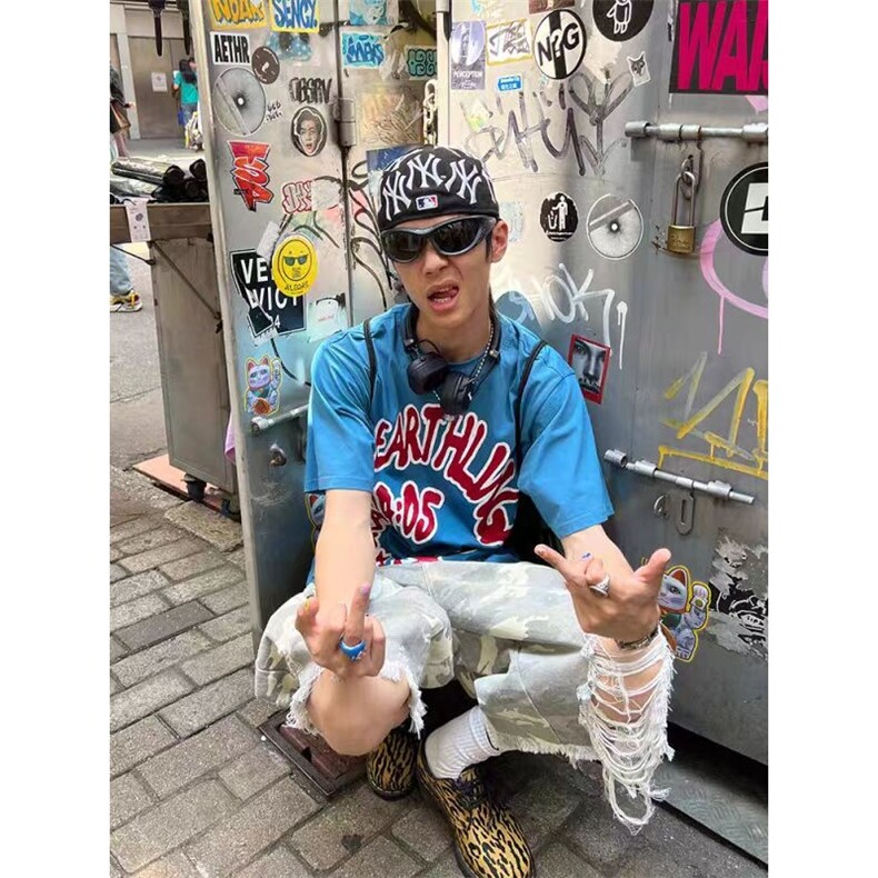 美式割破毛边迷彩七分裤男女宽松潮牌阔腿直筒短裤WA3399-P50,男装牛仔裤,星座1008