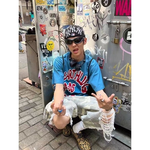 美式割破毛边迷彩七分裤男女宽松潮牌阔腿直筒短裤WA3399-P50图片