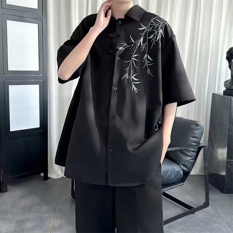 潮翻领免烫青少年标准新中式风裤子男士夏季薄款冰丝五分袖纯色,男装衬衫,星座506