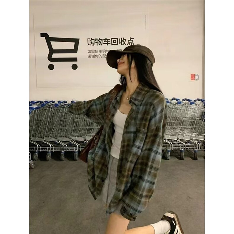 美式复古格子衬衫女2025新款春秋薄款设计感小众宽松长袖衬衣外套,男装衬衫,星座1210-1