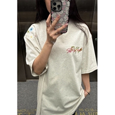 潮美式连肩花卉刺绣纯棉短袖t恤男女2025夏季情侣设计感上衣，男装T恤，星座601-1