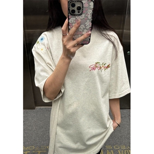 潮美式连肩花卉刺绣纯棉短袖t恤男女2025夏季情侣设计感上衣图片